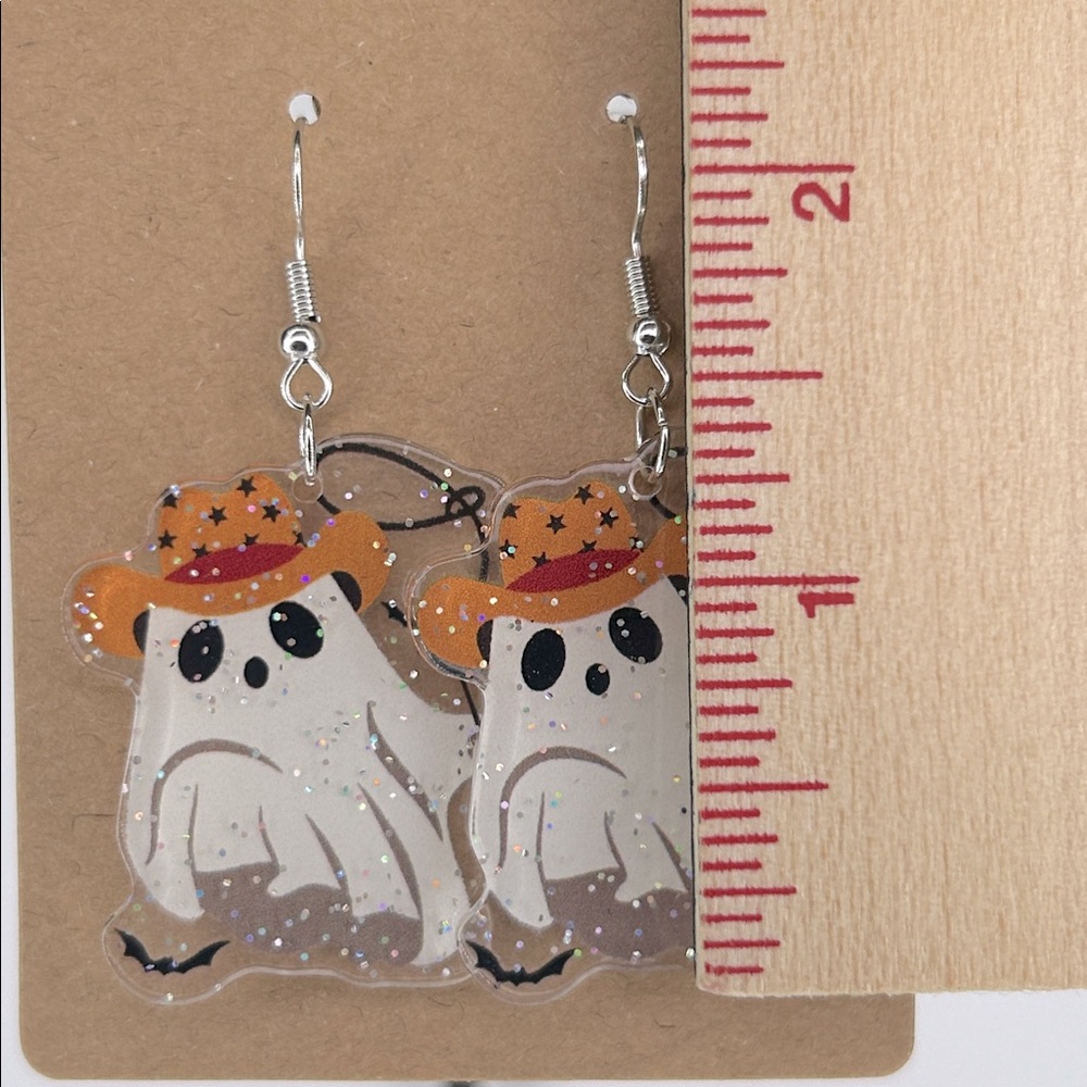 Sparkling Cowboy Ghost Halloween Earrings 2D Acrylic Cartoon Fashion Jewelry - Picture 2 of 4